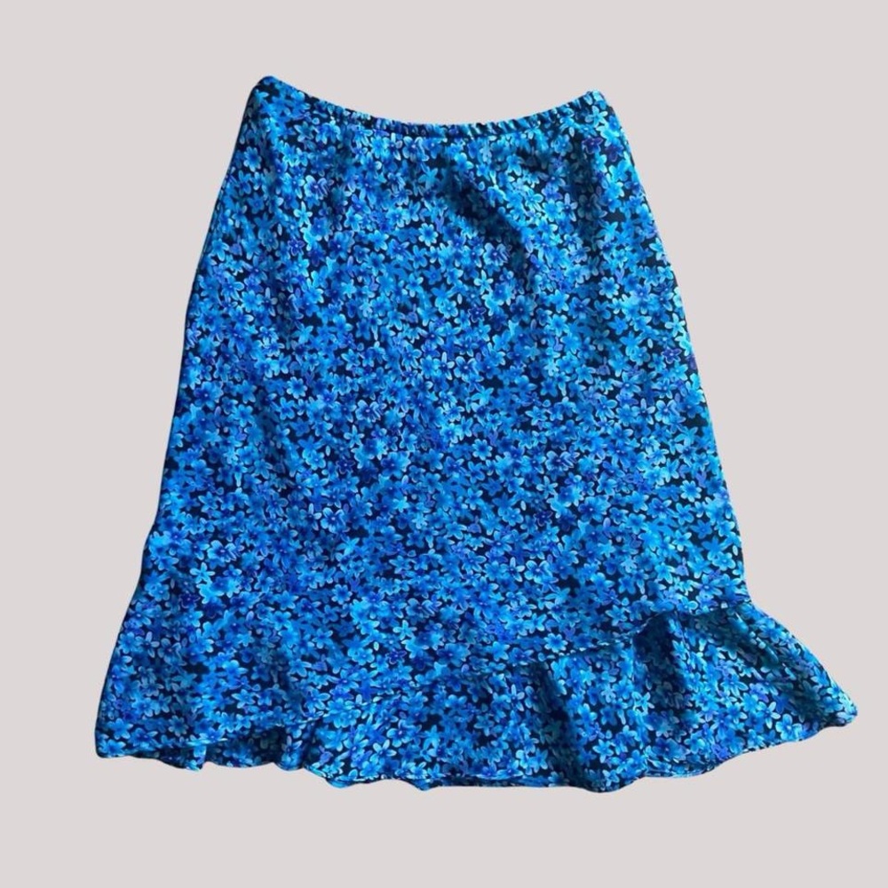 Dressbarn Blue Floral Ruffle Midi Skirt